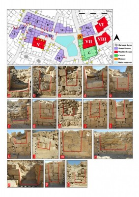 Figure 6. Magnification of the southern cluster of structures with sealed doors in the Shivta settlement plan; these structures are marked 7–16 and associated sealed doors are marked a–q; this part of the settlement contains the southern church (C), three of the elaborately built structures (V–VIII) and the Early Islamic mosque (D). </p>
<p>